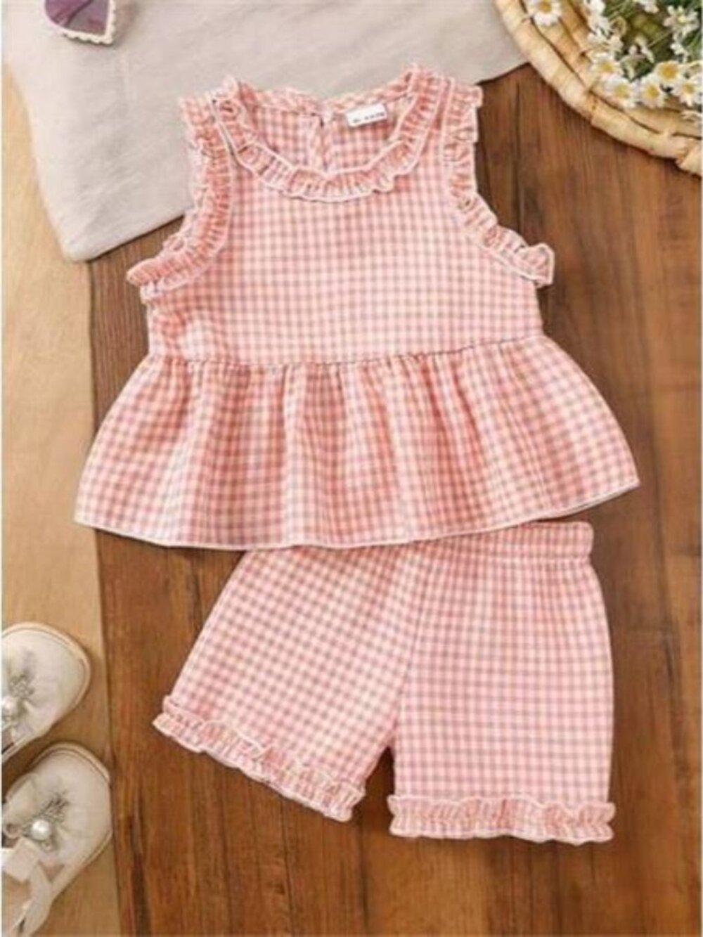 Children's Gingham Ruffle Trim Tank Top & Shorts Set